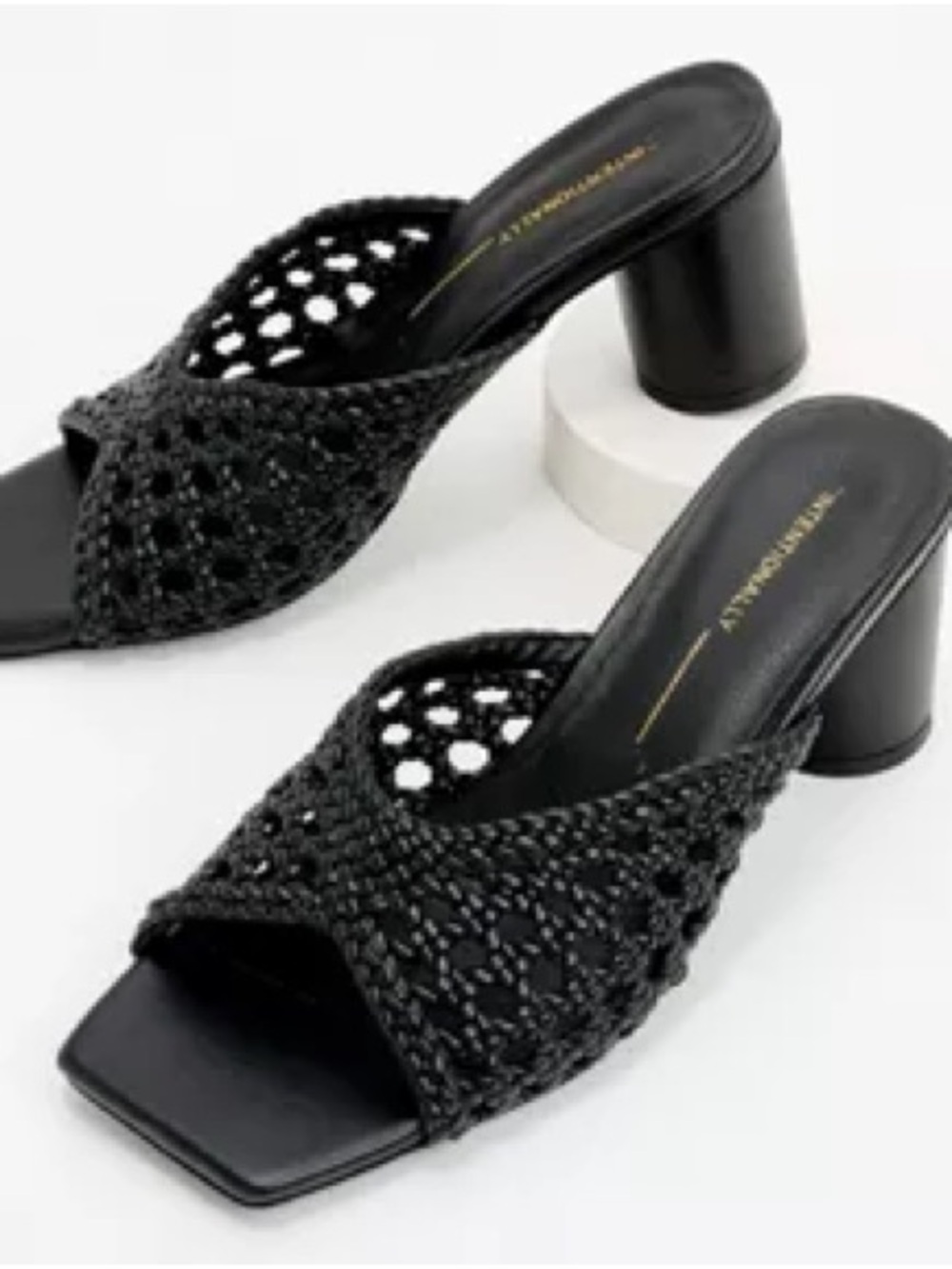 INTENTIONALLY BLANK Black Woven Open-Toe Block Heel Mules